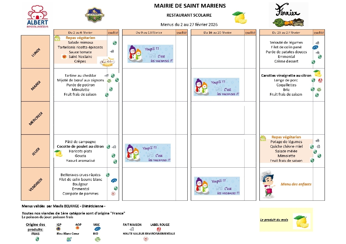 menus de février